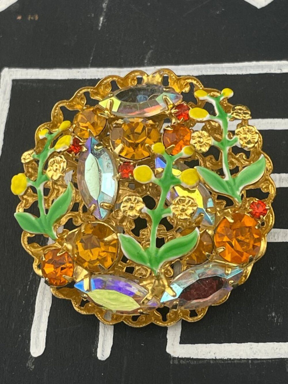 VTG Mid Century Amber Rhinestone AB & Enamel Floral Brooch Dimensional Garden